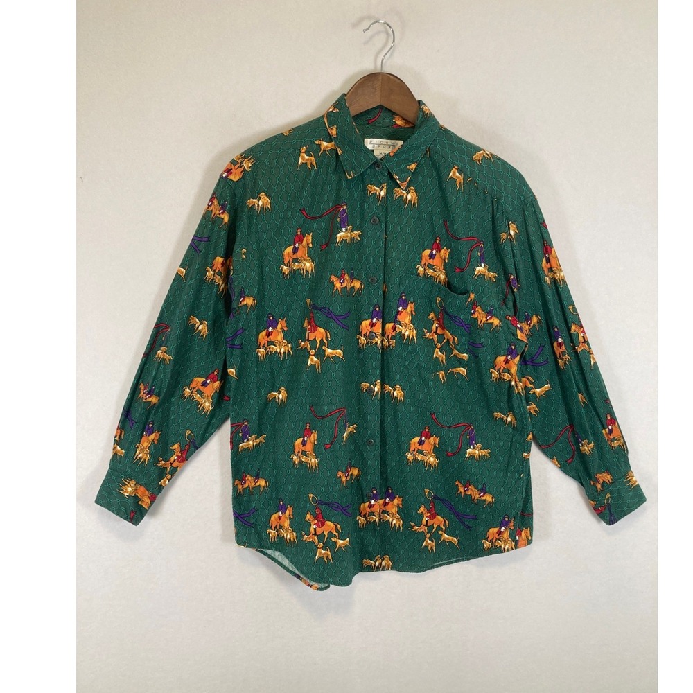 Equestrian‎ Heritage Picone Sport Mens Medium Green Fox Hunt Cotton Button Down